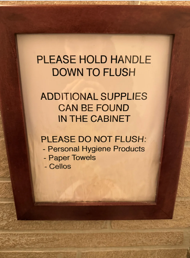 PLEASE HOLD HANDLE DOWN TO FLUSH ADDITIONAL SUPPLIES CAN BE FOUND IN THE CABINET PLEASE DO NOT FLUSH: - · Personal Hygiene Products - Paper Towels - Cellos