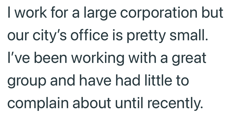 I work for a large corporation but our city's office is pretty small. I've been working with a great group and have had little to complain about until recently.