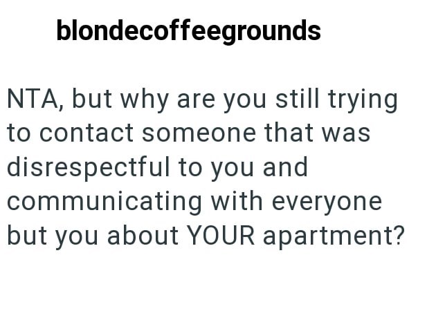 blondecoffeegrounds NTA, but why are you still trying to contact someone that was disrespectful to you and communicating with everyone but you about YOUR apartment?