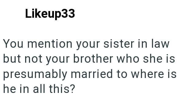 Likeup33 You mention your sister in law but not your brother who she is presumably married to where is he in all this?