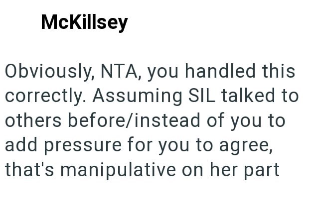 McKillsey Obviously, NTA, you handled this correctly. Assuming SIL talked to others before/instead of you to add pressure for you to agree, that's manipulative on her part