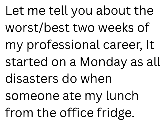 Let me tell you about the worst/best two weeks of my professional career, It started on a Monday as all disasters do when someone ate my lunch from the office fridge.