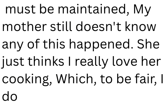 must be maintained, My mother still doesn't know any of this happened. She just thinks I really love her cooking, Which, to be fair, I do