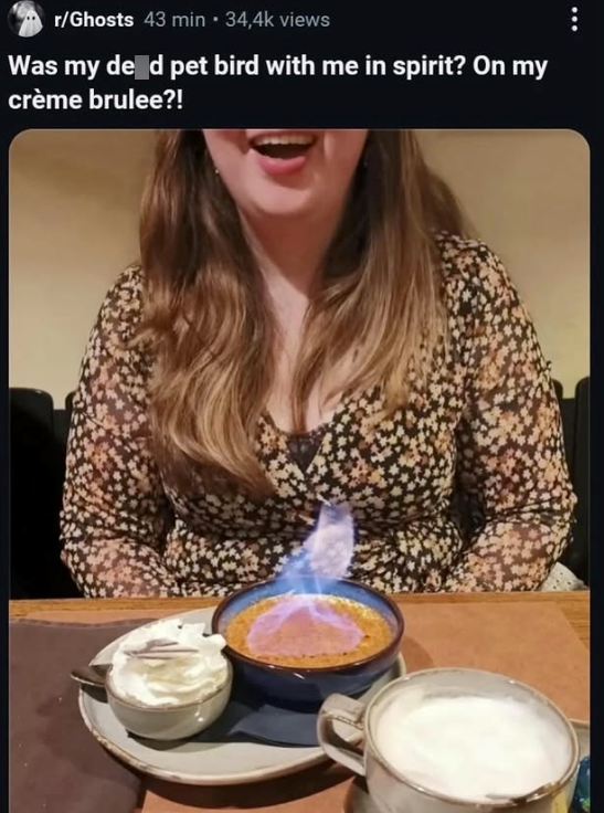 r/Ghosts 43 min ⚫ 34,4k views Was my de d pet bird with me in spirit? On my crème brulee?!