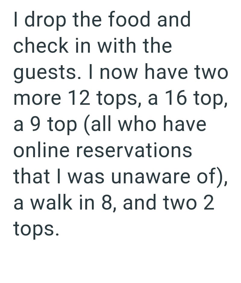 I drop the food and check in with the guests. I now have two more 12 tops, a 16 top, a 9 top (all who have online reservations that I was unaware of), a walk in 8, and two 2 tops.