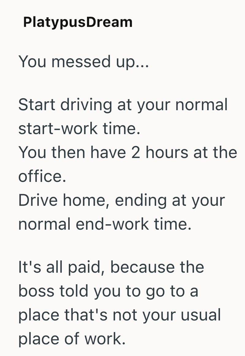 PlatypusDream You messed up... Start driving at your normal start-work time. You then have 2 hours at the office. Drive home, ending at your normal end-work time. It's all paid, because the boss told you to go to a place that's not your usual place of work.