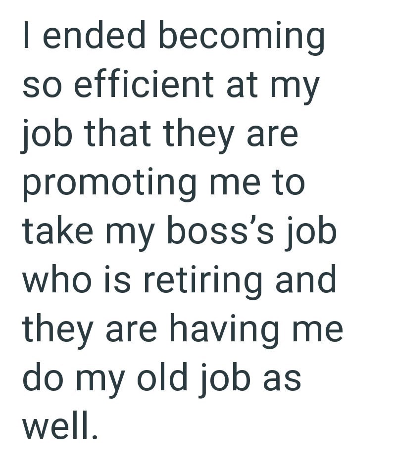 I ended becoming so efficient at my job that they are promoting me to take my boss's job who is retiring and they are having me do my old job as well.