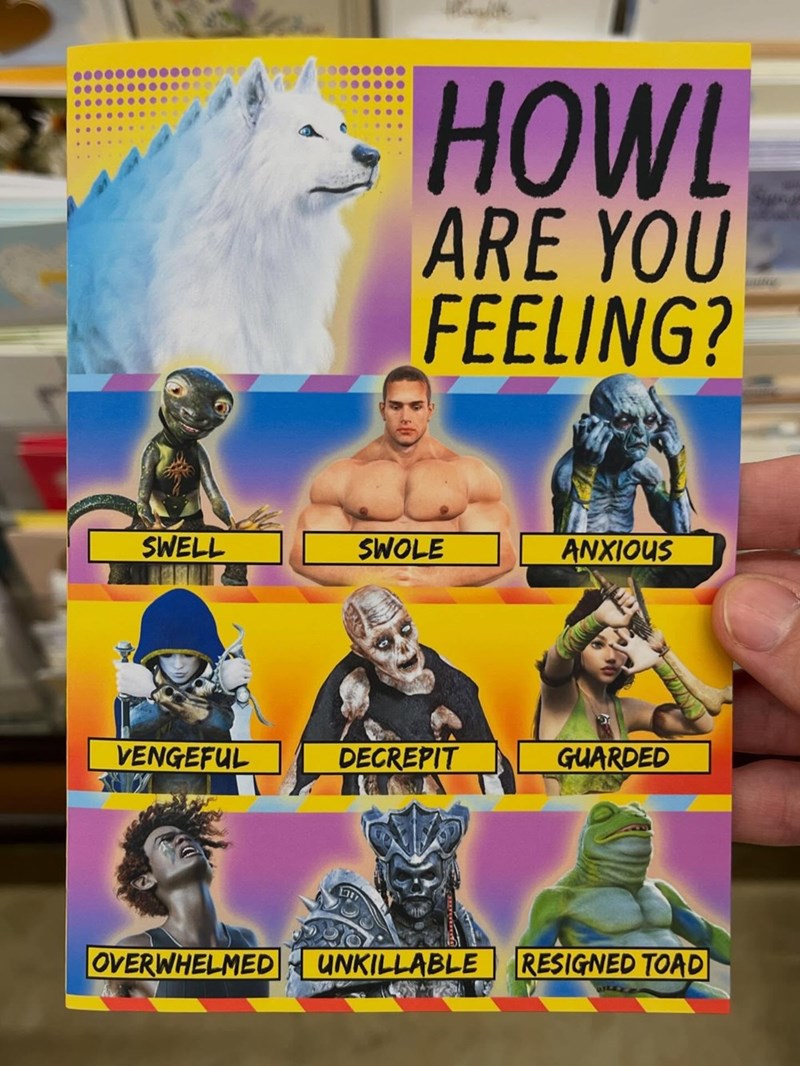 HOWL- ARE YOU FEELING? SWELL SWOLE ANXIOUS VENGEFUL DECREPIT GUARDED OVERWHELMED UNKILLABLE RESIGNED TOAD