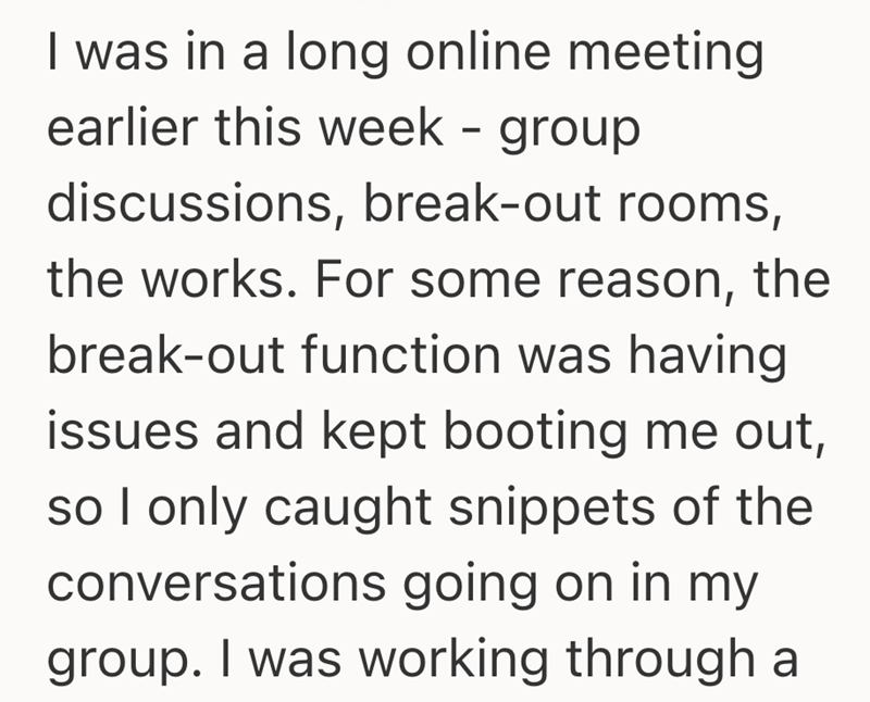 I was in a long online meeting earlier this week - group discussions, break-out rooms, the works. For some reason, the break-out function was having issues and kept booting me out, so I only caught snippets of the conversations going on in my group. I was working through a
