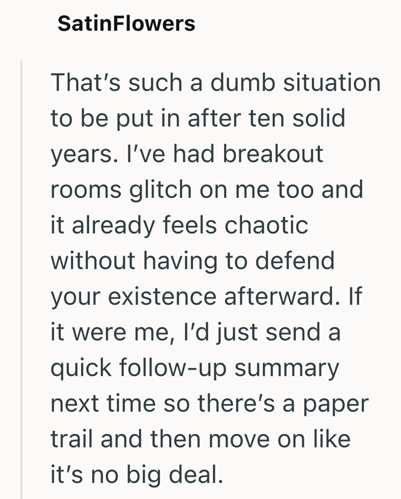 SatinFlowers That's such a dumb situation to be put in after ten solid years. I've had breakout rooms glitch on me too and it already feels chaotic without having to defend your existence afterward. If it were me, I'd just send a quick follow-up summary next time so there's a paper trail and then move on like it's no big deal.