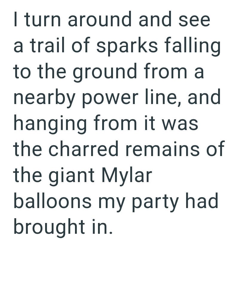 I turn around and see a trail of sparks falling to the ground from a nearby power line, and hanging from it was the charred remains of the giant Mylar balloons my party had brought in.