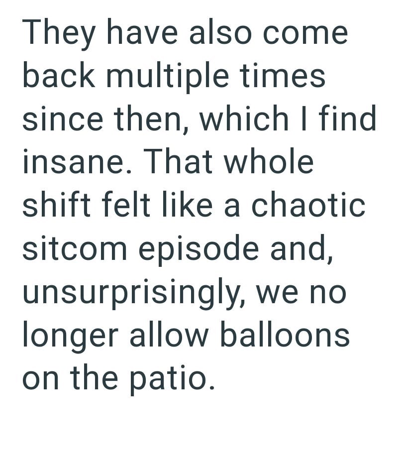 They have also come back multiple times since then, which I find insane. That whole shift felt like a chaotic sitcom episode and, unsurprisingly, we no longer allow balloons on the patio.