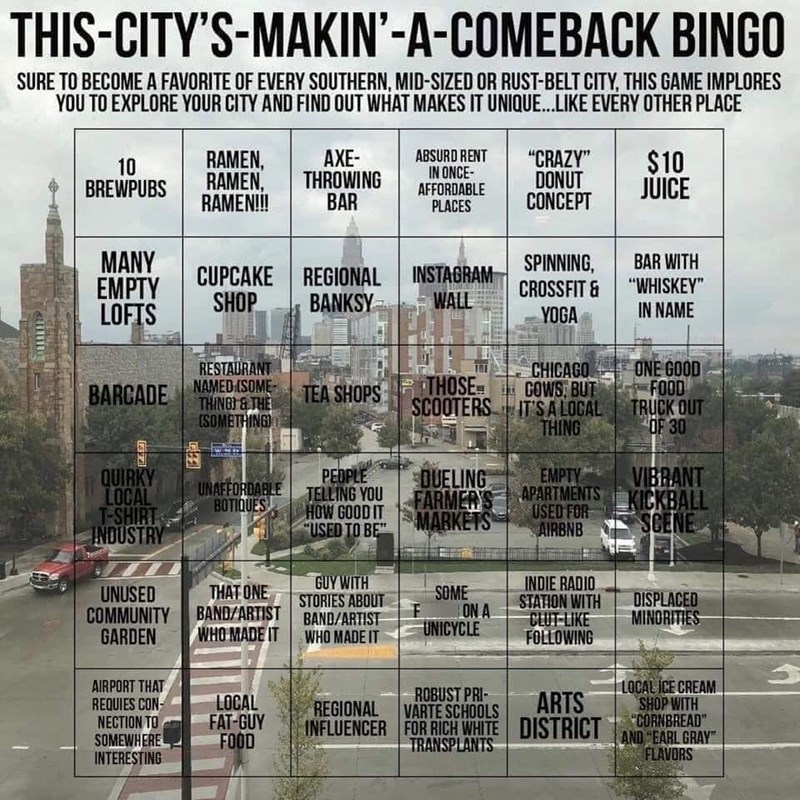 THIS-CITY'S-MAKIN'-A-COMEBACK BINGO SURE TO BECOME A FAVORITE OF EVERY SOUTHERN, MID-SIZED OR RUST-BELT CITY, THIS GAME IMPLORES YOU TO EXPLORE YOUR CITY AND FIND OUT WHAT MAKES IT UNIQUE...LIKE EVERY OTHER PLACE 10 BREWPUBS RAMEN, RAMEN, RAMEN!!! AXE- THROWING BAR ABSURD RENT IN ONCE- AFFORDABLE PLACES "CRAZY" $10 DONUT JUICE CONCEPT MANY SPINNING, BAR WITH EMPTY LOFTS CUPCAKE REGIONAL INSTAGRAM CROSSFIT & "WHISKEY" SHOP BANKSY WALL YOGA IN NAME RESTAURANT BARCADE NAMED (SOME CHICAGO ONE GOOD T