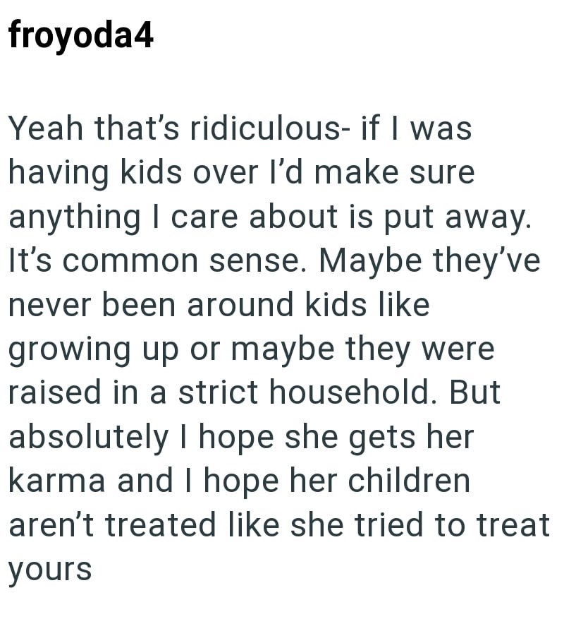 froyoda4 Yeah that's ridiculous- if I was having kids over I'd make sure anything I care about is put away. It's common sense. Maybe they've never been around kids like growing up or maybe they were raised in a strict household. But absolutely I hope she gets her karma and I hope her children aren't treated like she tried to treat yours
