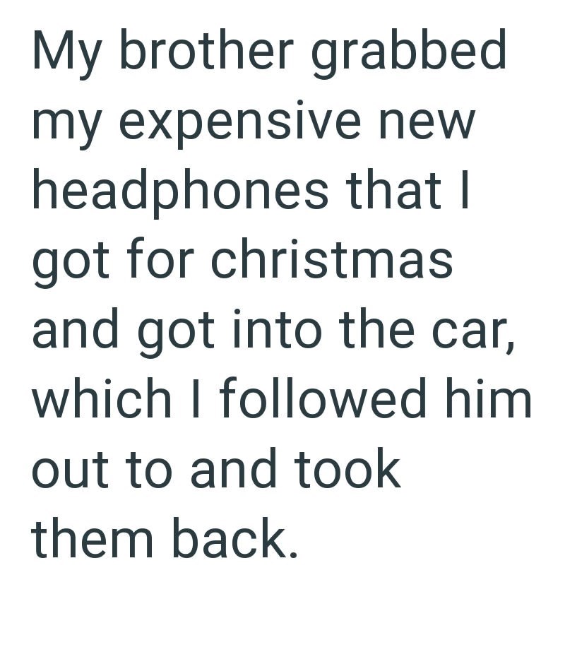 My brother grabbed my expensive new headphones that I got for christmas and got into the car, which I followed him out to and took them back.