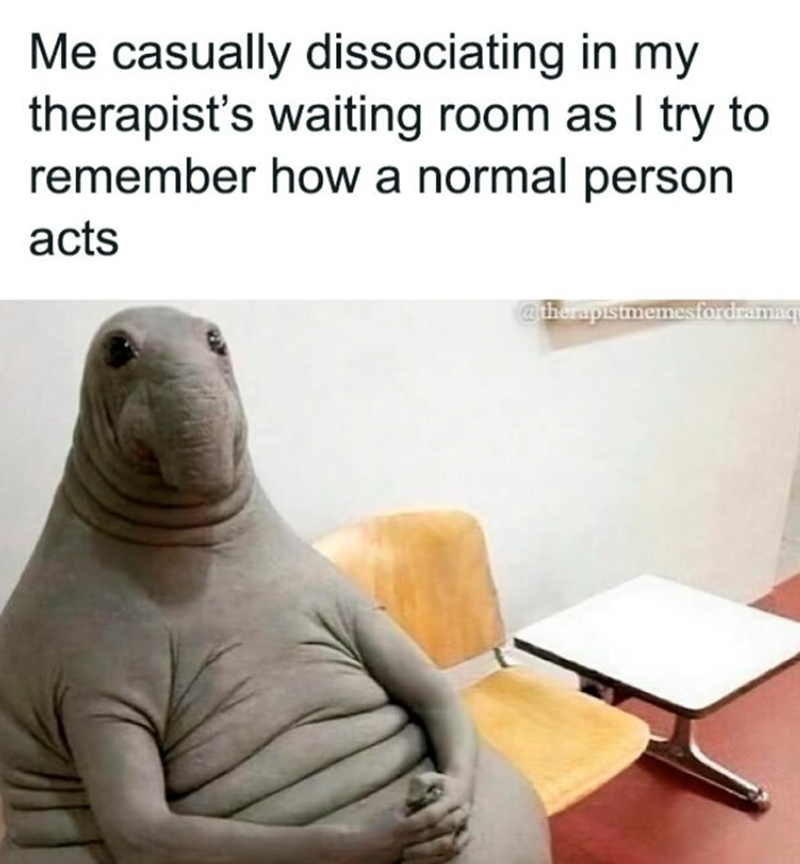 Me casually dissociating in my therapist's waiting room as I try to remember how a normal person acts @therapistmemesfordramaq