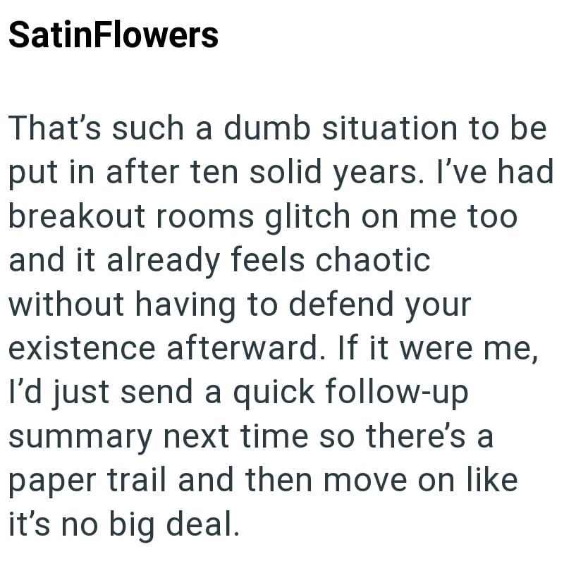 SatinFlowers That's such a dumb situation to be put in after ten solid years. I've had breakout rooms glitch on me too and it already feels chaotic without having to defend your existence afterward. If it were me, I'd just send a quick follow-up summary next time so there's a paper trail and then move on like it's no big deal.