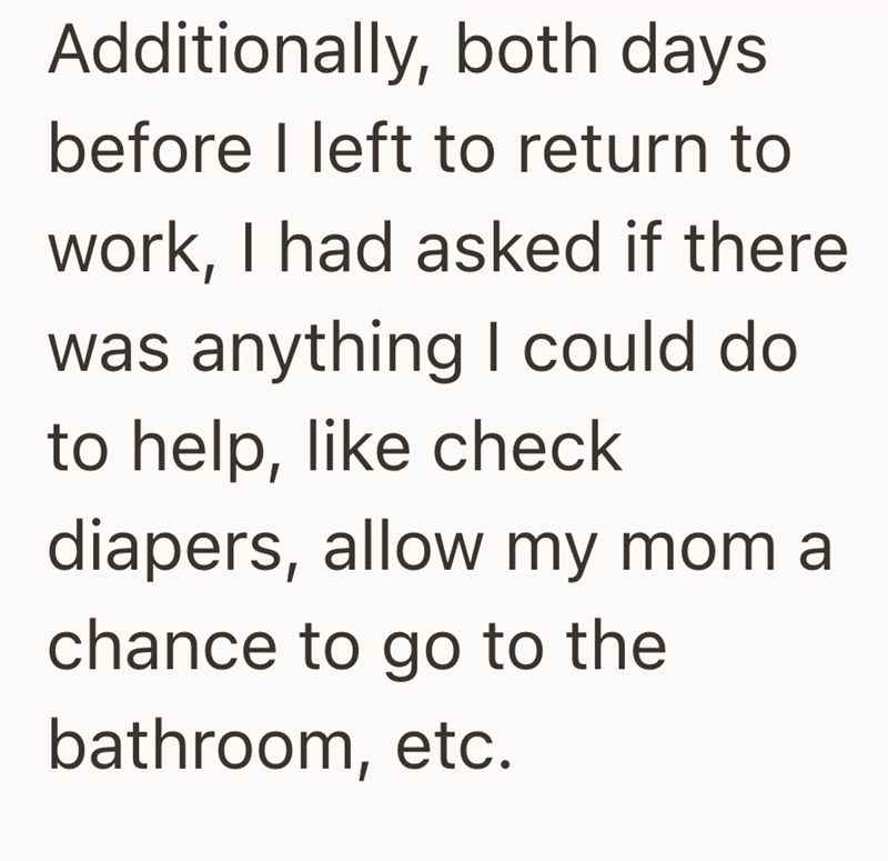 Additionally, both days. before I left to return to work, I had asked if there was anything I could do to help, like check diapers, allow my mom a chance to go to the bathroom, etc.