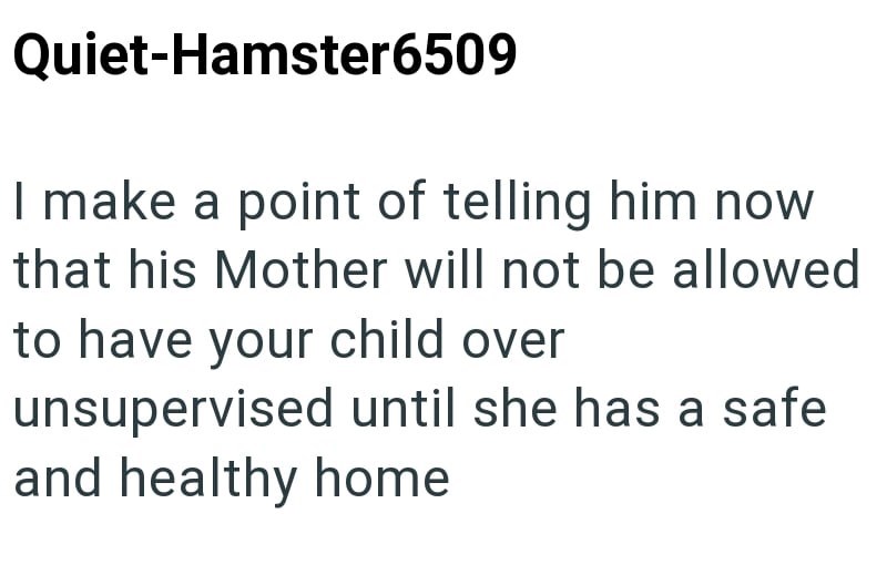 Quiet-Hamster6509 I make a point of telling him now that his Mother will not be allowed to have your child over unsupervised until she has a safe and healthy home