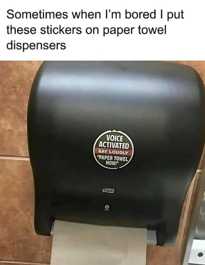 Sometimes when I'm bored I put these stickers on paper towel dispensers VOICE ACTIVATED SAY LOUDLY "PAPER TOWEL NOW! TORK