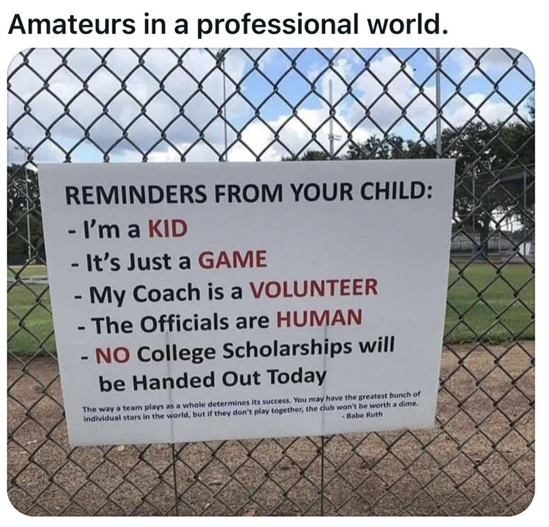 Amateurs in a professional world. REMINDERS FROM YOUR CHILD: - I'm a KID - It's Just a GAME - My Coach is a VOLUNTEER - The Officials are HUMAN - NO College Scholarships will be Handed Out Today The way a team plays as a whole determines its success. You may have the greatest bunch of -Babe Ruth individual stars in the world, but if they don't play together, the club won't be worth a dime.