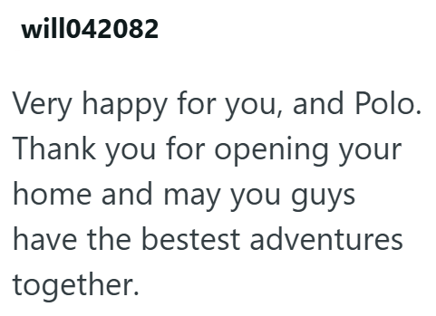 will042082 Very happy for you, and Polo. Thank you for opening your home and may you guys have the bestest adventures together.