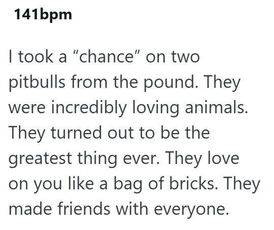 141bpm I took a "chance" on two pitbulls from the pound. They were incredibly loving animals. They turned out to be the greatest thing ever. They love on you like a bag of bricks. They made friends with everyone.