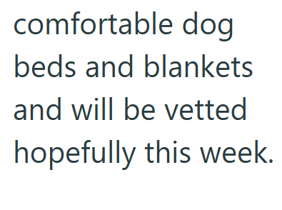 comfortable dog beds and blankets and will be vetted hopefully this week.