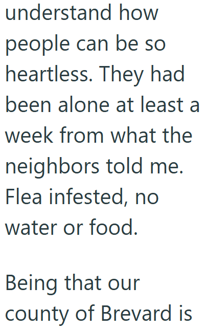 understand how people can be so heartless. They had been alone at least a week from what the neighbors told me. Flea infested, no water or food. Being that our county of Brevard is