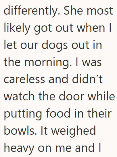 differently. She most likely got out when I let our dogs out in the morning. I was careless and didn't watch the door while putting food in their bowls. It weighed heavy on me and I