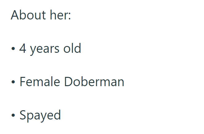 About her: 4 years old Female Doberman Spayed