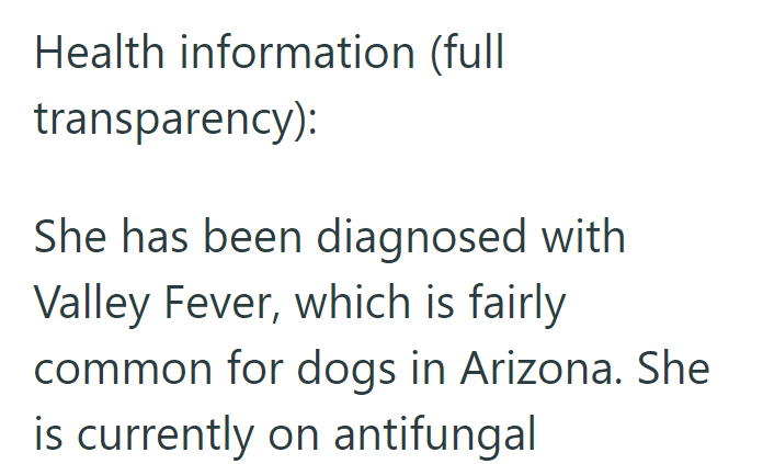 Health information (full transparency): She has been diagnosed with Valley Fever, which is fairly common for dogs in Arizona. She is currently on antifungal