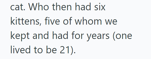cat. Who then had six kittens, five of whom we kept and had for years (one lived to be 21).