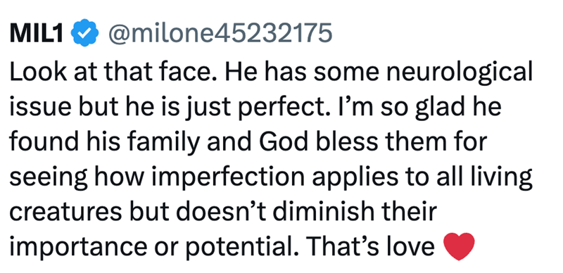 MIL1 @milone45232175 Look at that face. He has some neurological issue but he is just perfect. I'm so glad he found his family and God bless them for seeing how imperfection applies to all living creatures but doesn't diminish their importance or potential. That's love
