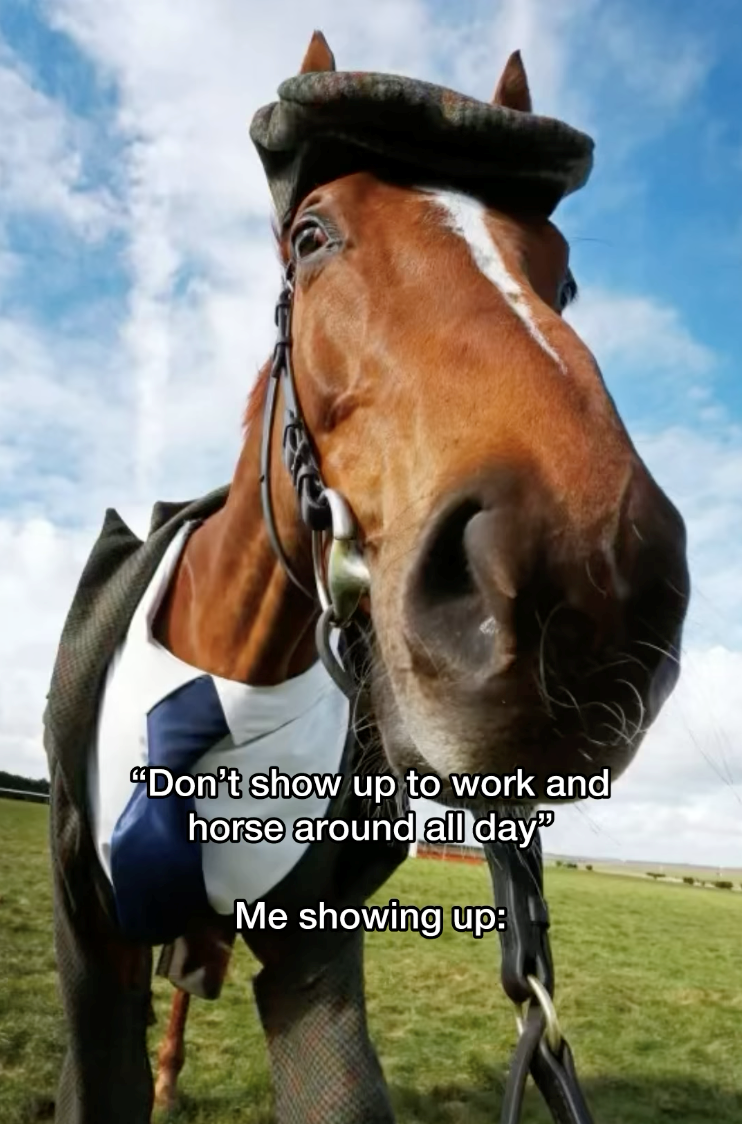 "Don't show up to work and horse around all day" Me showing up: