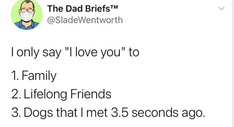 The Dad Briefs™ @SladeWentworth I only say "I love you" to 1. Family 2. Lifelong Friends 3. Dogs that I met 3.5 seconds ago.