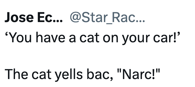 Jose Ec... @Star_Rac... 'You have a cat on your car!' The cat yells bac, "Narc!"
