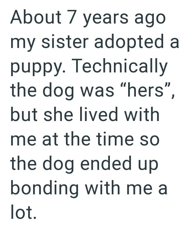 About 7 years ago my sister adopted a puppy. Technically the dog was "hers", but she lived with me at the time so the dog ended up bonding with me a lot.