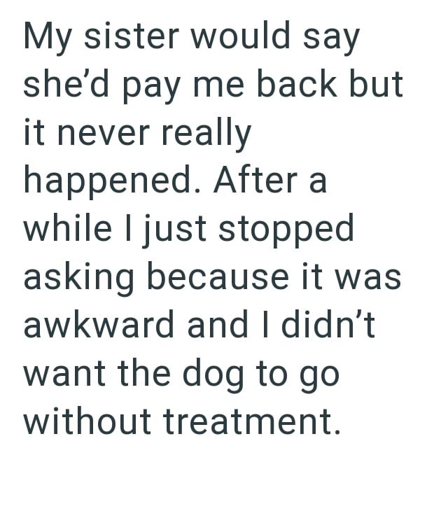 My sister would say she'd pay me back but it never really happened. After a while I just stopped asking because it was awkward and I didn't want the dog to go without treatment.