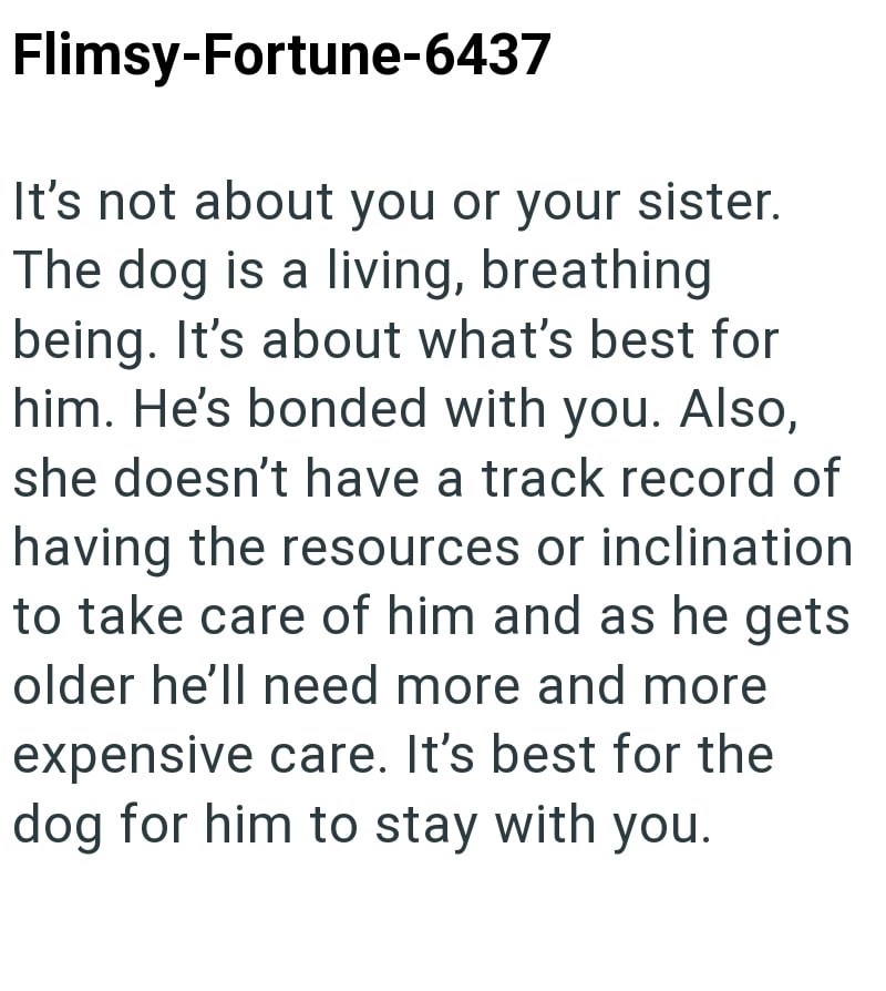 Flimsy-Fortune-6437 It's not about you or your sister. The dog is a living, breathing being. It's about what's best for him. He's bonded with you. Also, she doesn't have a track record of having the resources or inclination to take care of him and as he gets older he'll need more and more expensive care. It's best for the dog for him to stay with you.