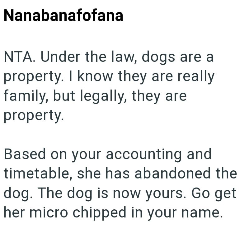 Nanabanafofana NTA. Under the law, dogs are a property. I know they are really family, but legally, they are property. Based on your accounting and timetable, she has abandoned the dog. The dog is now yours. Go get her micro chipped in your name.