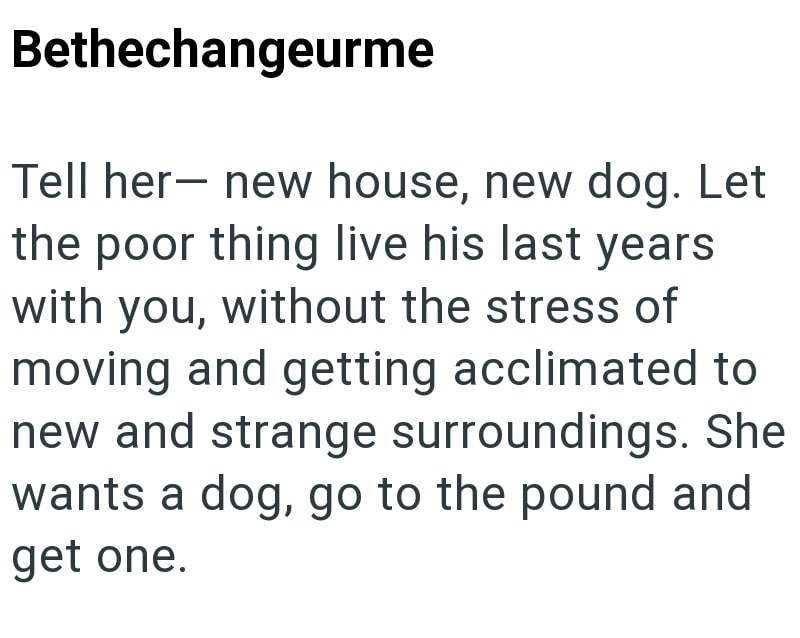 Bethechangeurme Tell her new house, new dog. Let the poor thing live his last years with you, without the stress of moving and getting acclimated to new and strange surroundings. She wants a dog, go to the pound and get one.