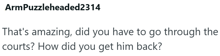 ArmPuzzleheaded2314 That's amazing, did you have to go through the courts? How did you get him back?