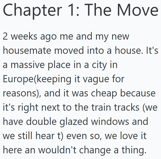Chapter 1: The Move 2 weeks ago me and my new housemate moved into a house. It's a massive place in a city in Europe(keeping it vague for reasons), and it was cheap because it's right next to the train tracks (we have double glazed windows and we still hear t) even so, we love it here an wouldn't change a thing.