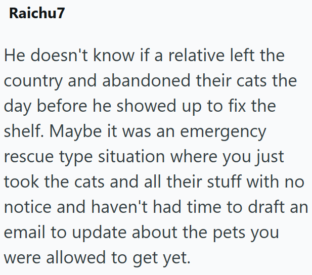 Raichu7 He doesn't know if a relative left the country and abandoned their cats the day before he showed up to fix the shelf. Maybe it was an emergency rescue type situation where you just took the cats and all their stuff with no notice and haven't had time to draft an email to update about the pets you were allowed to get yet.
