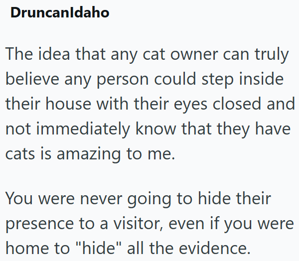 DruncanIdaho The idea that any cat owner can truly believe any person could step inside their house with their eyes closed and not immediately know that they have cats is amazing to me. You were never going to hide their presence to a visitor, even if you were home to "hide" all the evidence.