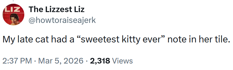 LIZ The Lizzest Liz @howtoraiseajerk My late cat had a “sweetest kitty ever” note in her tile. 2:37 PM · Mar 5, 2026 · 2,318 Views