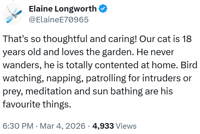 Elaine Longworth @ElaineE70965 That's so thoughtful and caring! Our cat is 18 years old and loves the garden. He never wanders, he is totally contented at home. Bird watching, napping, patrolling for intruders or prey, meditation and sun bathing are his favourite things. 6:30 PM · Mar 4, 2026 4,933 Views
