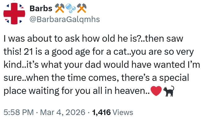 + Barbs *** @BarbaraGalqmhs I was about to ask how old he is?..then saw this! 21 is a good age for a cat..you are so very kind..it's what your dad would have wanted I'm sure..when the time comes, there's a special place waiting for you all in heaven.. 5:58 PM Mar 4, 2026 1,416 Views