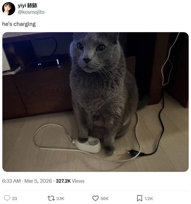 yīyī 銥銥 @kosmojito he's charging 1 . 6:33 AM · Mar 5, 2026 327.2K Views 23 13.1K 56K 1.2K